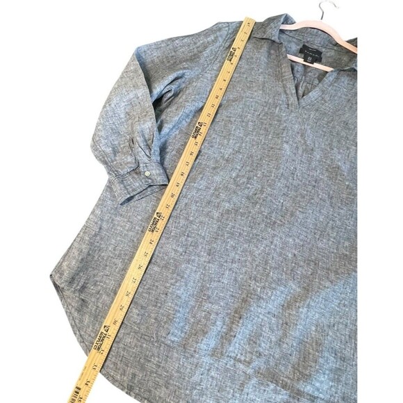 TAHARI 100% Linen Top Blouse Sz 1X Popover Hi-lo Hem V-Neck Boho Blue Lagenlook - Picture 9 of 11